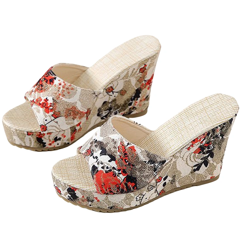 Womens Floral Platform Sandals Peep Toe Thick Sole Wedge Slippers