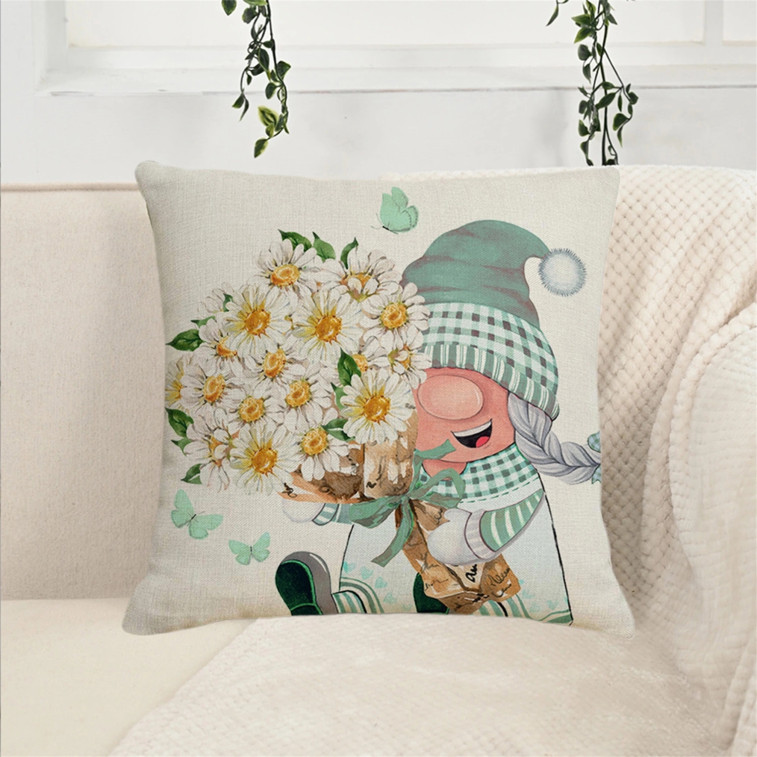Spring Pillow Cover Daisy Gnome Decorative Cushion Case Home Decor