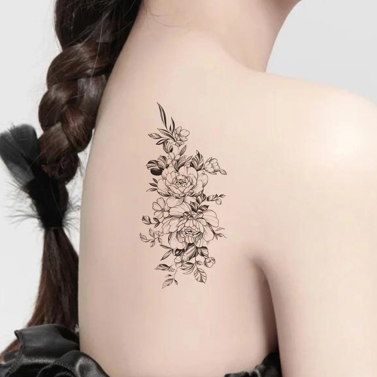 【GL】Black Temporary Tattoos Realistic Sketch Flower Tattoo Stickers