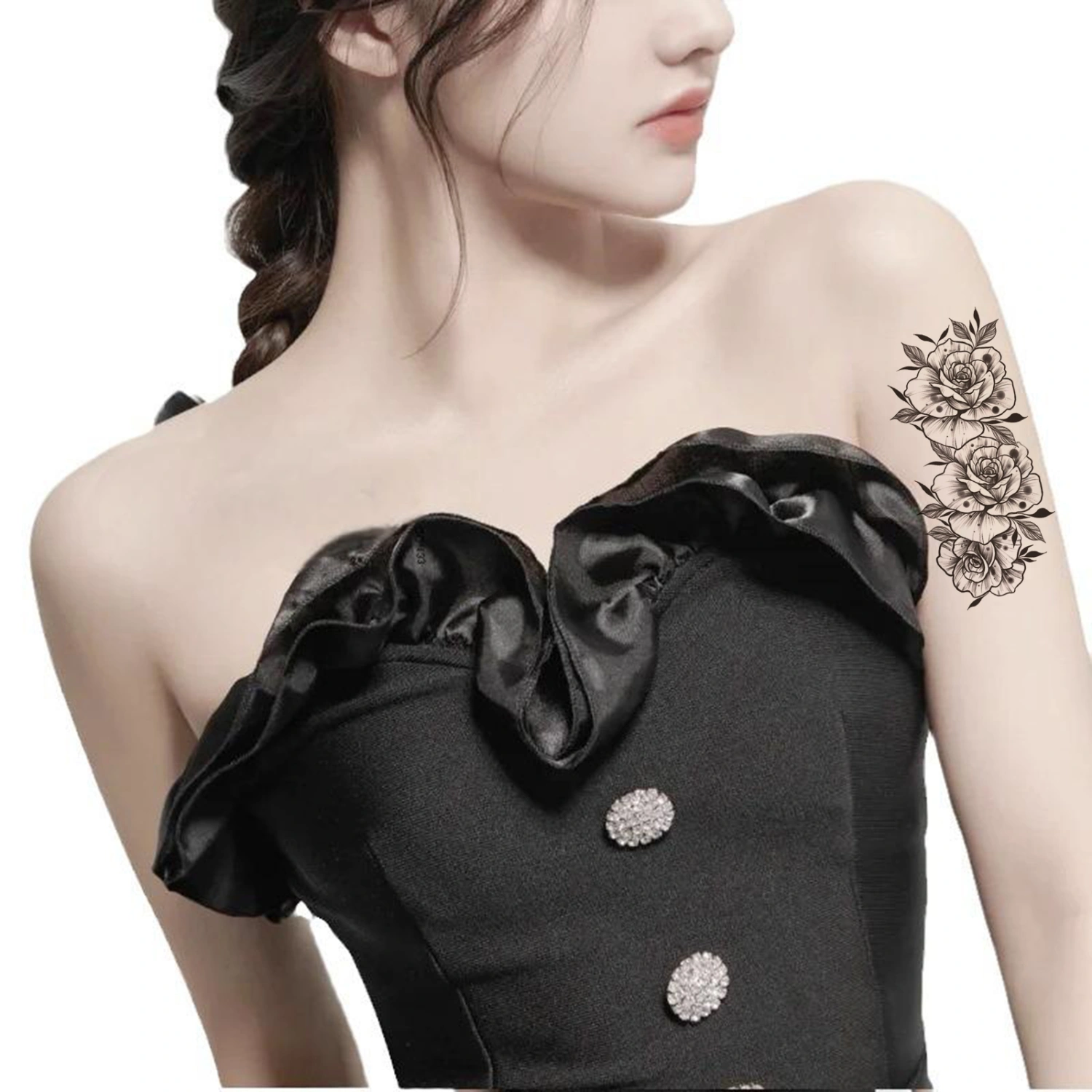 【GL】Black Temporary Tattoos Realistic Sketch Flower Tattoo Stickers