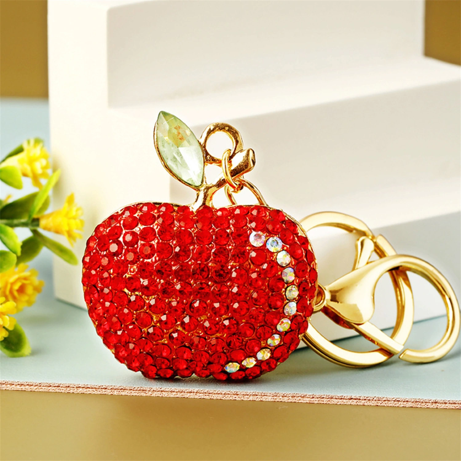 Fruit Keychain Shiny Rhinestones Design Red Apple Bag Charms