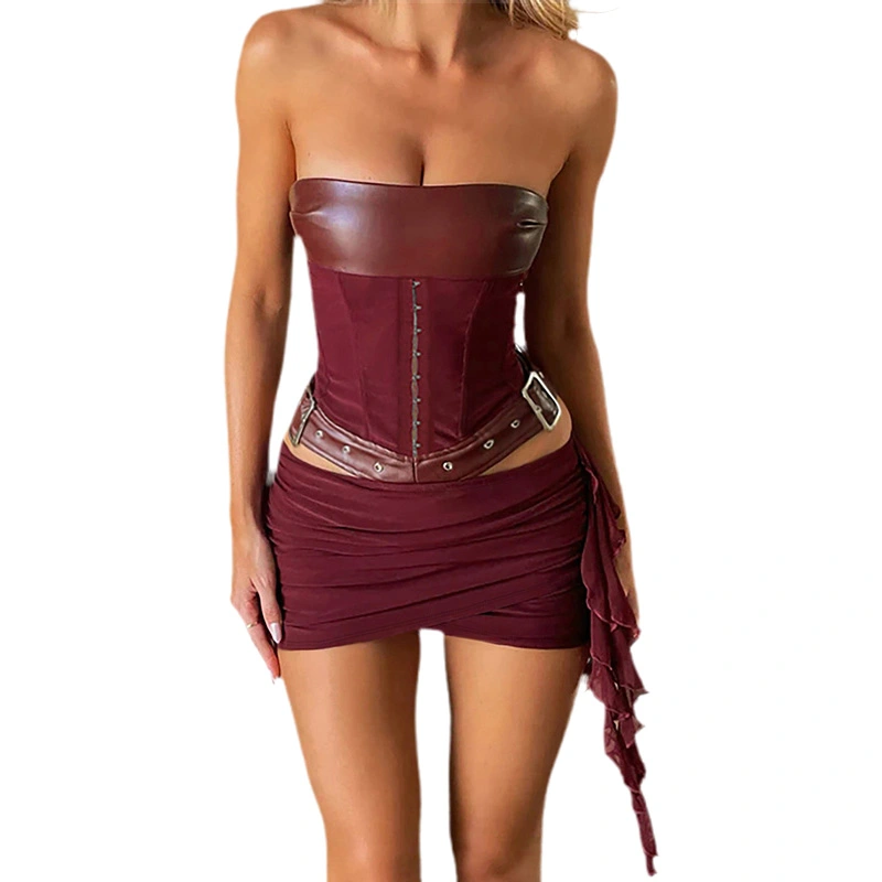Women Mini Skirt Belt Patchwork Cutout Tassels Ruched Bodycon Skirt