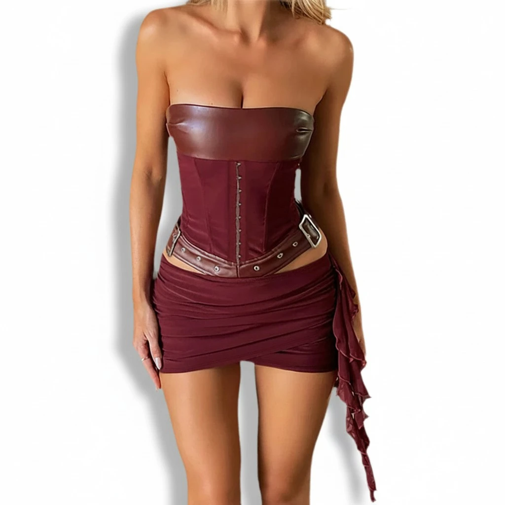 Women Mini Skirt Belt Patchwork Cutout Tassels Ruched Bodycon Skirt