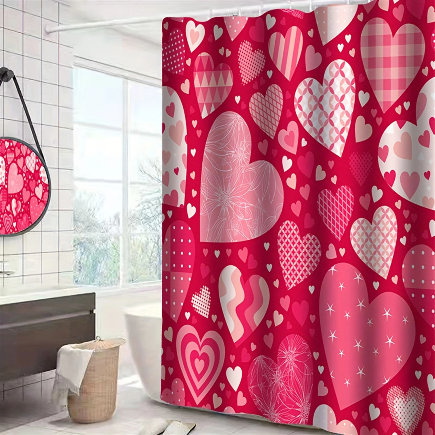 Valentine’s Day Shower Curtain, Heart Print Waterproof Bath Curtain