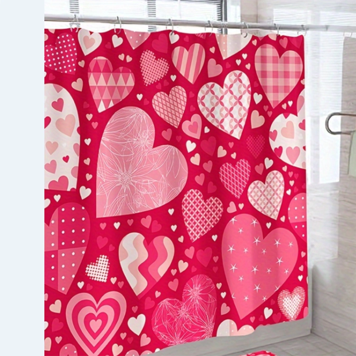 Valentine’s Day Shower Curtain, Heart Print Waterproof Bath Curtain
