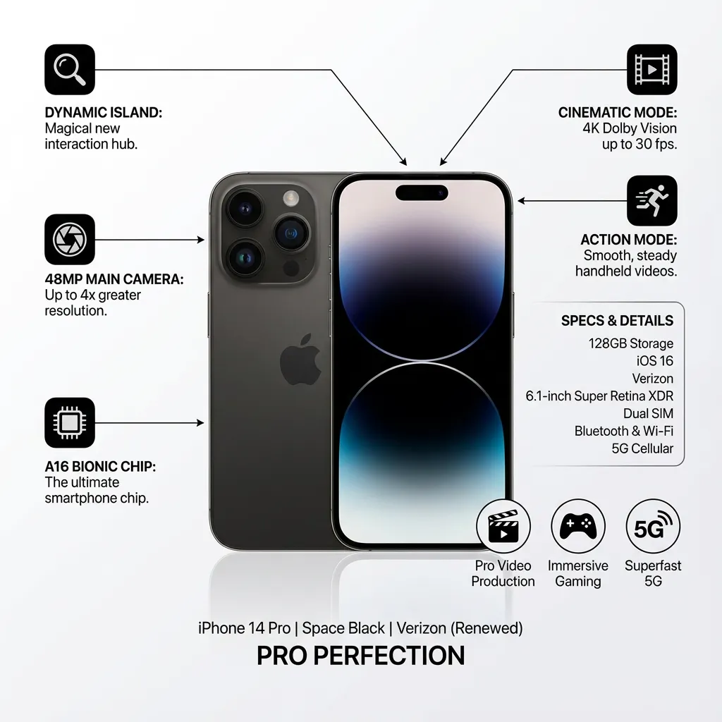 Apple iPhone 14 Pro, 128GB, Space Black for Verizon (Renewed)