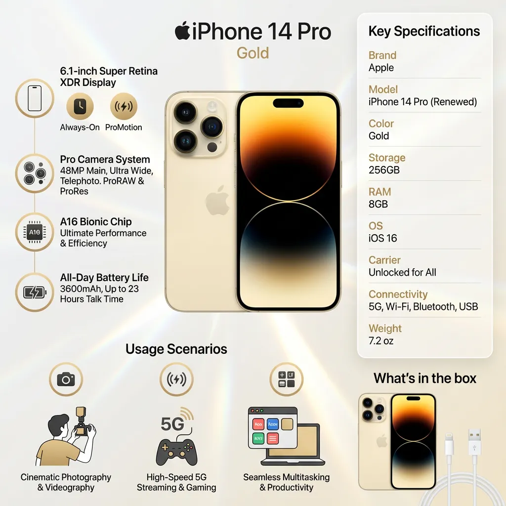 Apple iPhone 14 Pro, 256GB, Gold - Unlocked (Renewed)