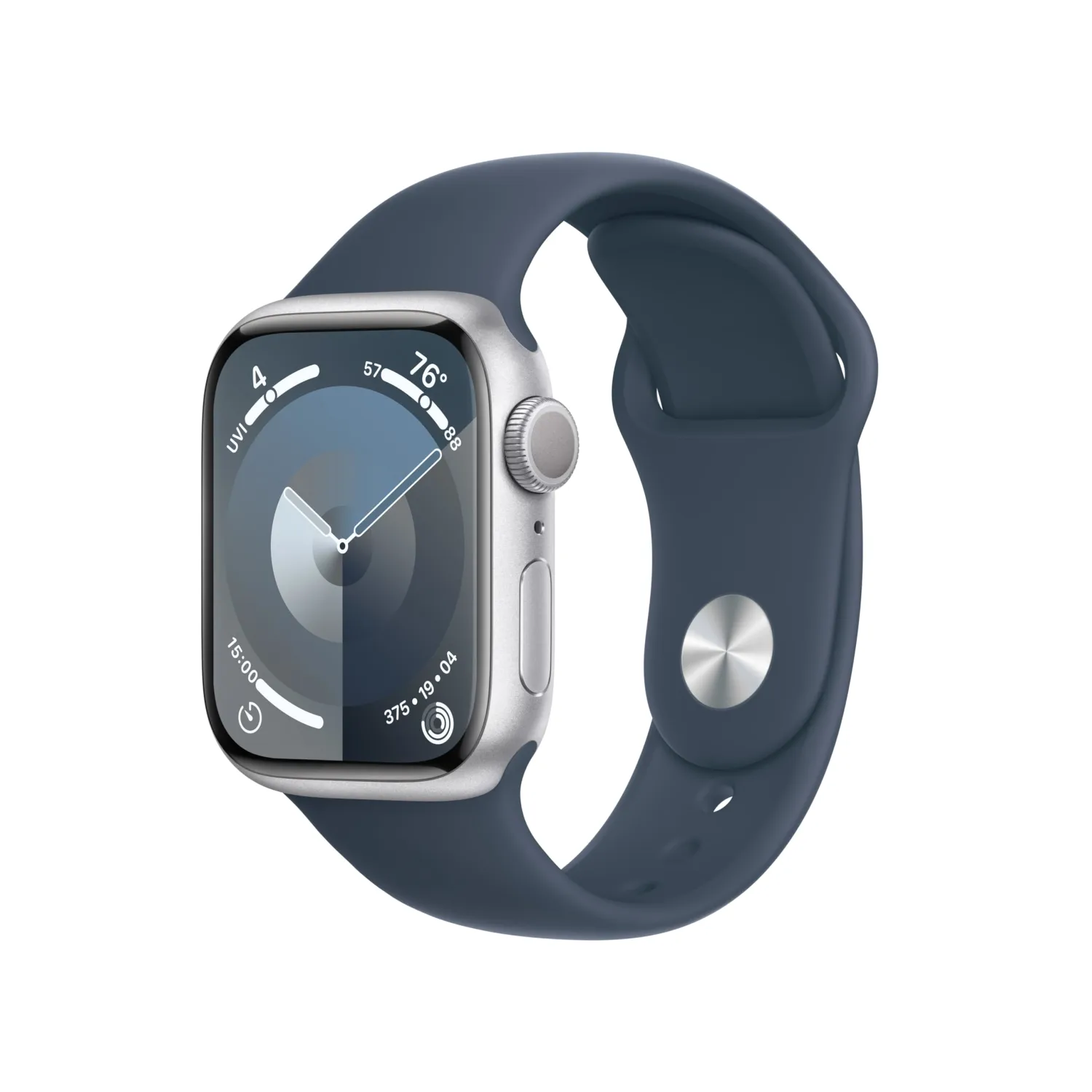 Apple Watch Series 9 [GPS, 41mm] Silver Aluminum Case with Storm Blue Sport Band, M/L (Renewed)