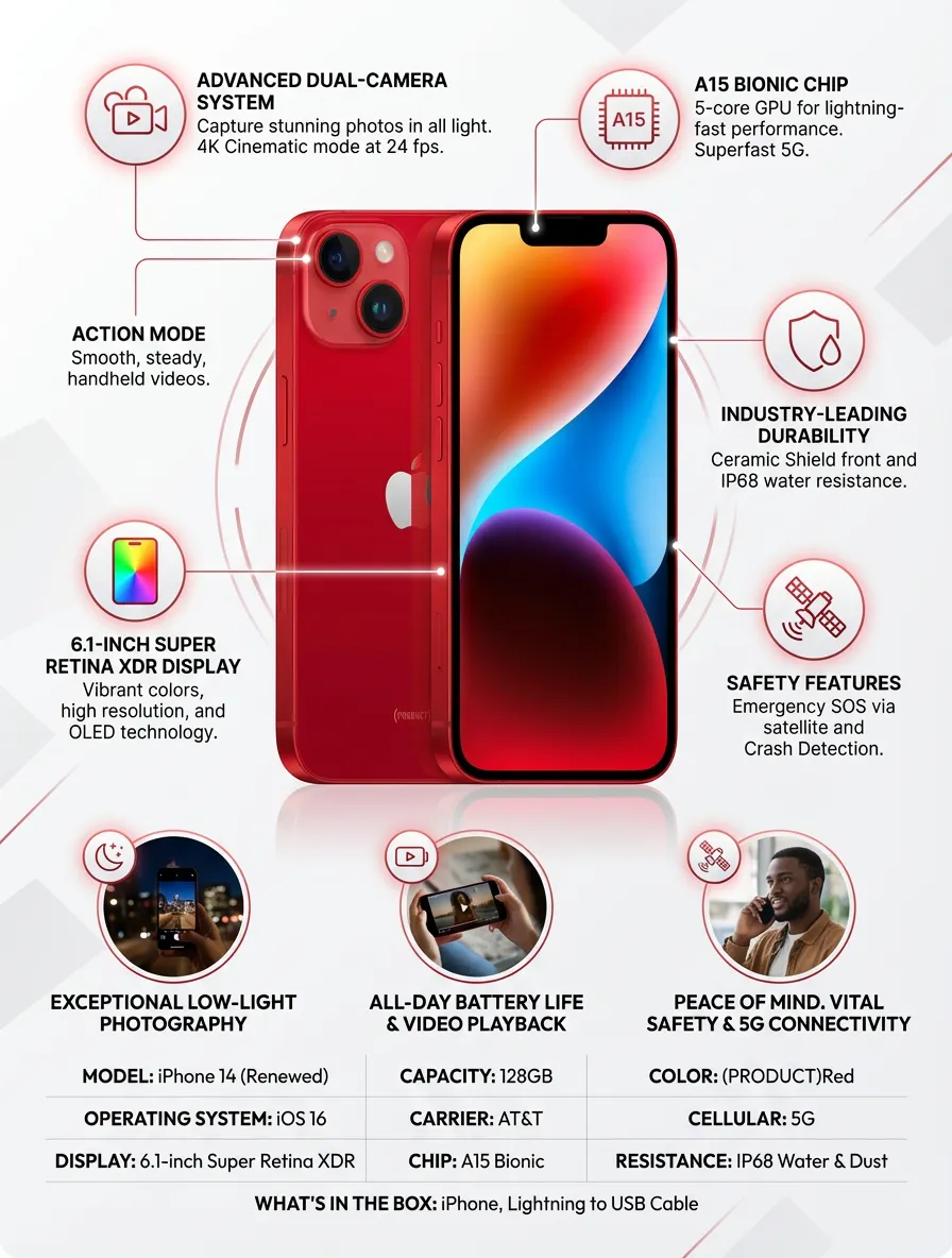 Apple iPhone 14, 128GB, (PRODUCT) Red for AT&T (Renewed)