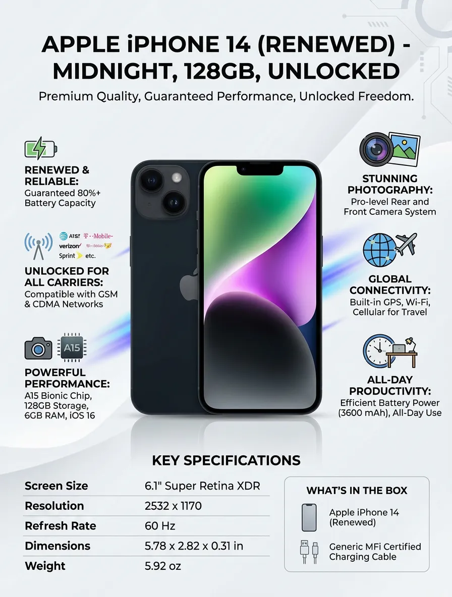 Apple iPhone 14, 128GB, Midnight - Unlocked (Renewed)