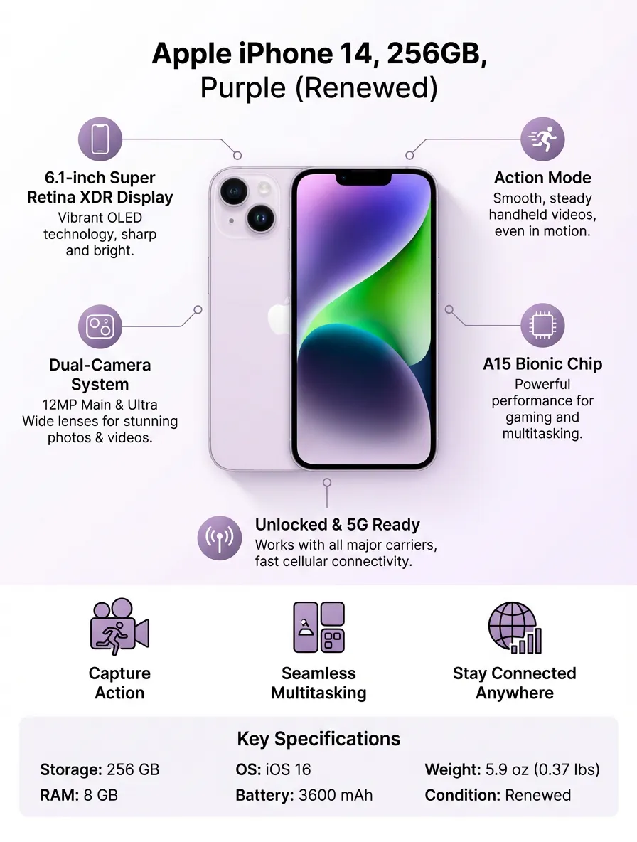 Apple iPhone 14, 256GB, Purple - Unlocked (Renewed)