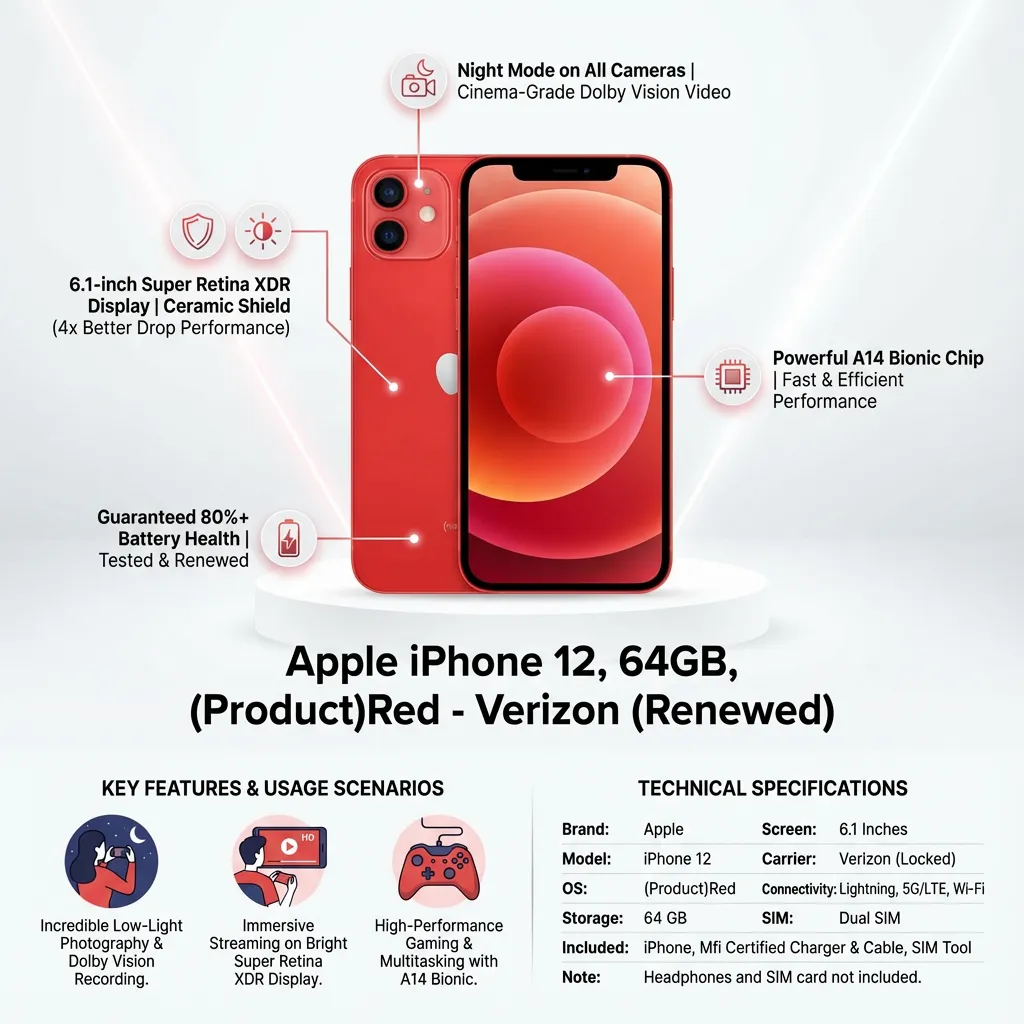 Apple iPhone 12, 64GB, (Product)Red - Verizon (Renewed)
