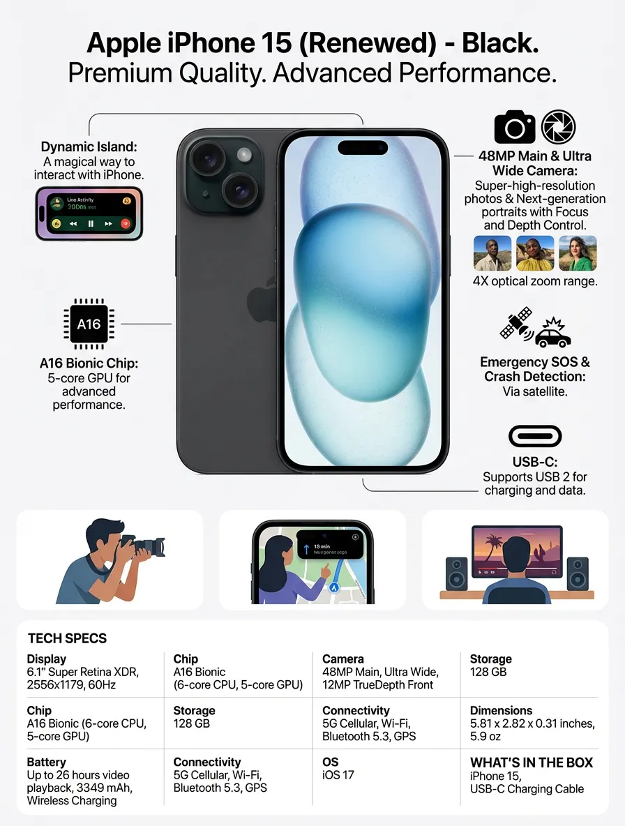 Apple iPhone 15, 128GB, Black - Unlocked (Renewed)
