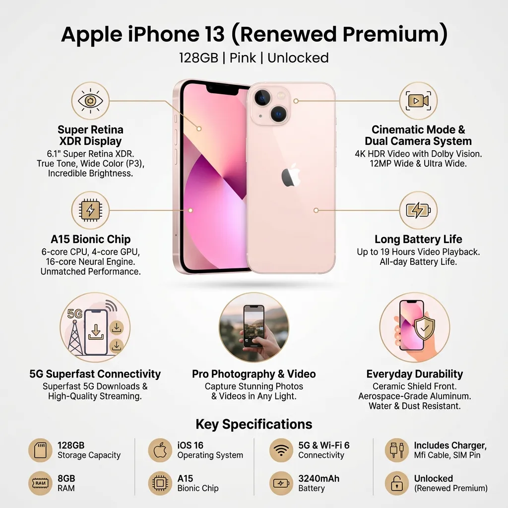 Apple iPhone 13, 128GB, Pink - Unlocked (Renewed Premium)