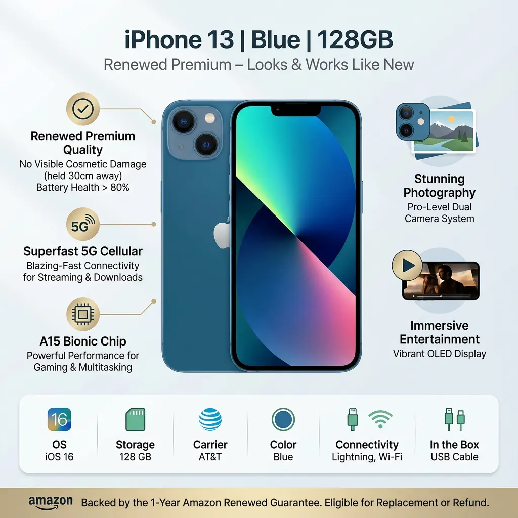 Apple iPhone 13, 128GB, Blue - AT&T (Renewed Premium)