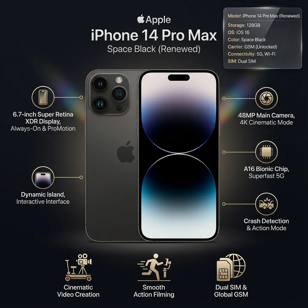Apple iPhone 14 Pro Max, 128GB, Space Black for GSM (Renewed)