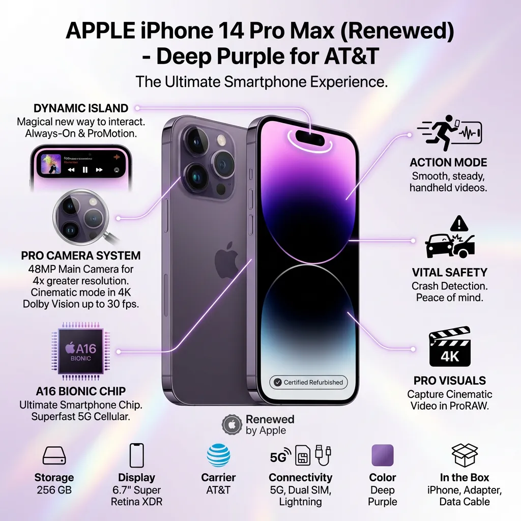 Apple iPhone 14 Pro Max, 256GB, Deep Purple for AT&T (Renewed)