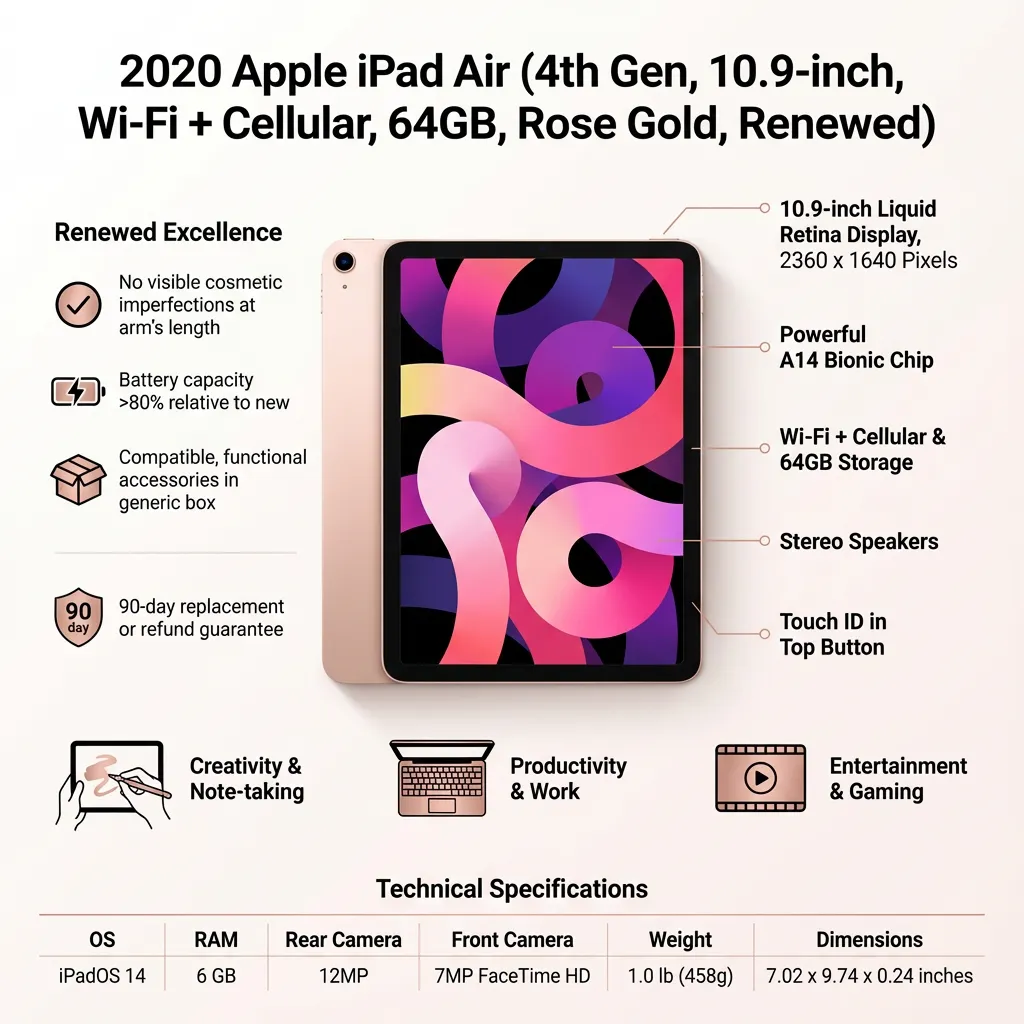 2020 Apple iPad Air (4th Generation) (10.9-inch, Wi-Fi + Cellular, 64GB) Rose Gold (Renewed)