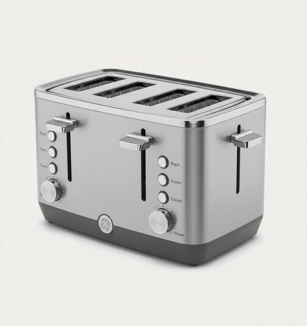 GE Stainless Steel 4 Slice Toaster | Extra Wide Slots for Bagels, Breads, Waffles & More | 7 Shade Options | Countertop Kitchen Essentials | 1500 watt
