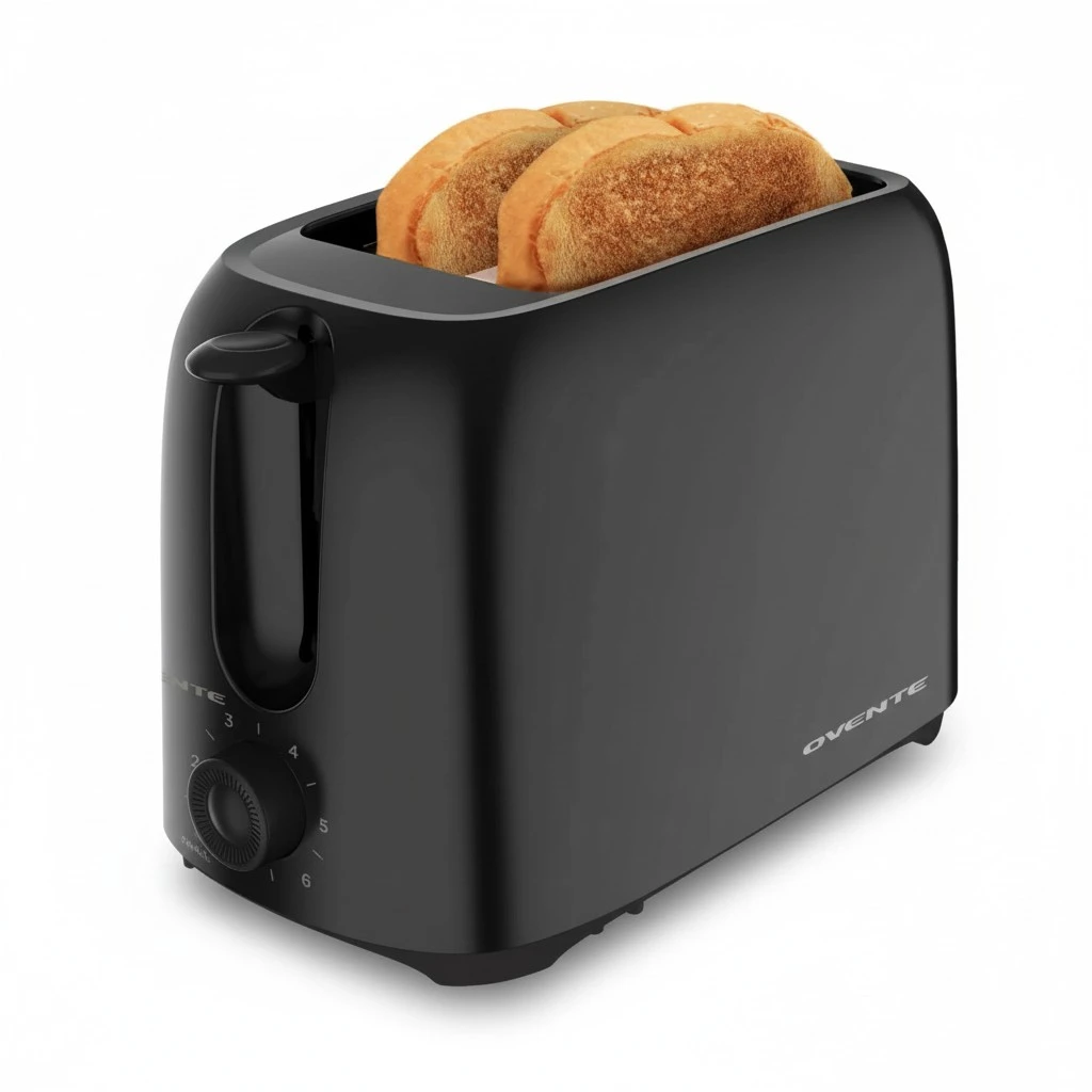 OVENTE Electric 2 Slice Toaster Machine with 6-Shade Toast Settings, 700W Power, Removable Crumb Tray and Compact Design Perfect for Toasting Bread, Bagels, Waffles and Puff Pastry, Black TP2210B