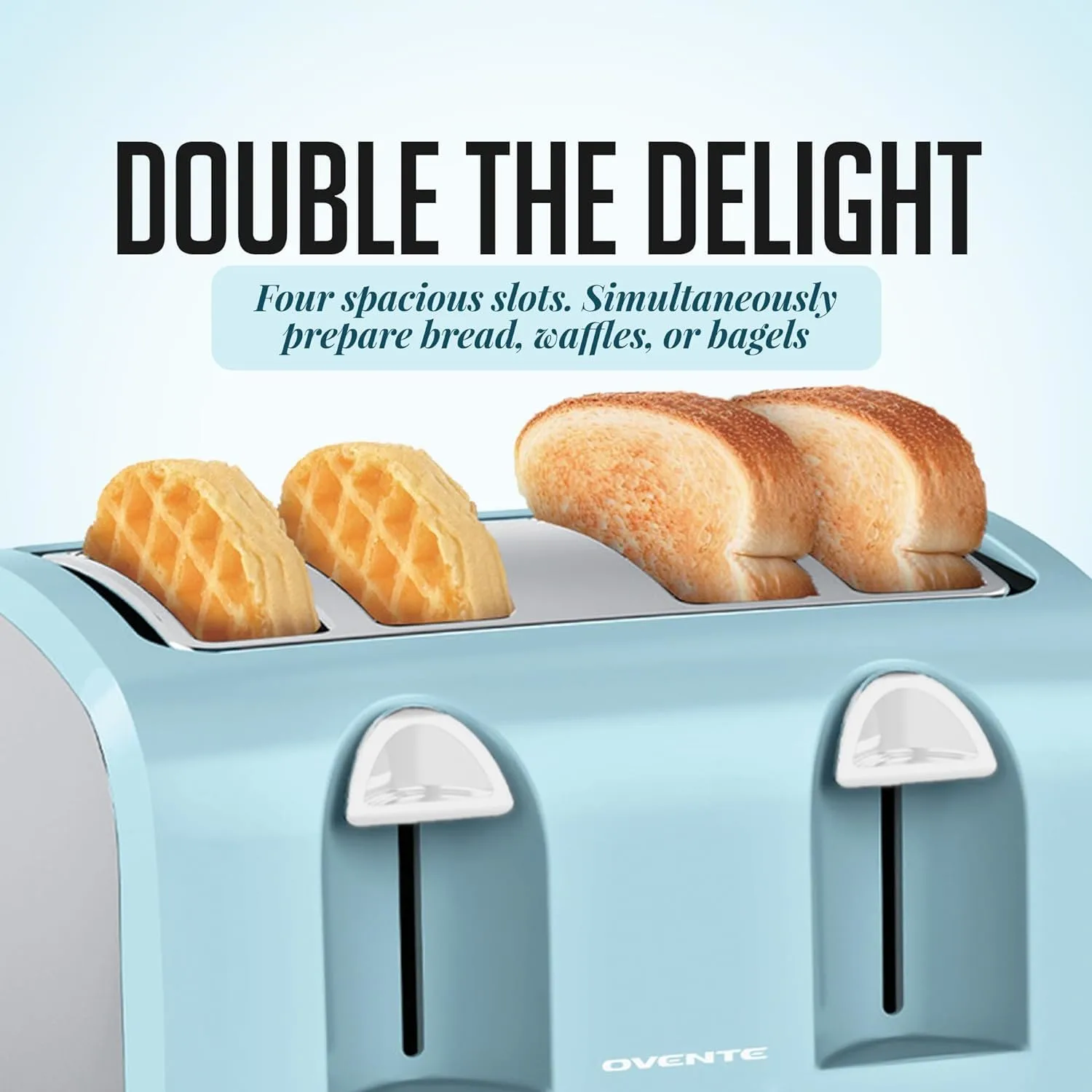 OVENTE 4-Slice Toaster with Extra Wide Slots, 6-Shade Browning Setting, Cancel, Defrost and Reheat Function, 1400W Countertop Toaster, Easy to Clean with Removable Crumb Tray, Light Blue TS4410LBL