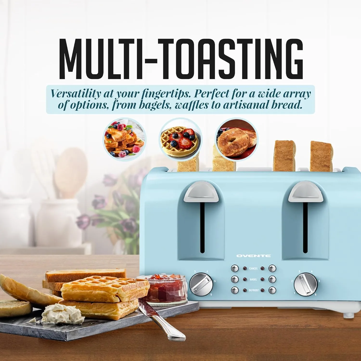 OVENTE 4-Slice Toaster with Extra Wide Slots, 6-Shade Browning Setting, Cancel, Defrost and Reheat Function, 1400W Countertop Toaster, Easy to Clean with Removable Crumb Tray, Light Blue TS4410LBL