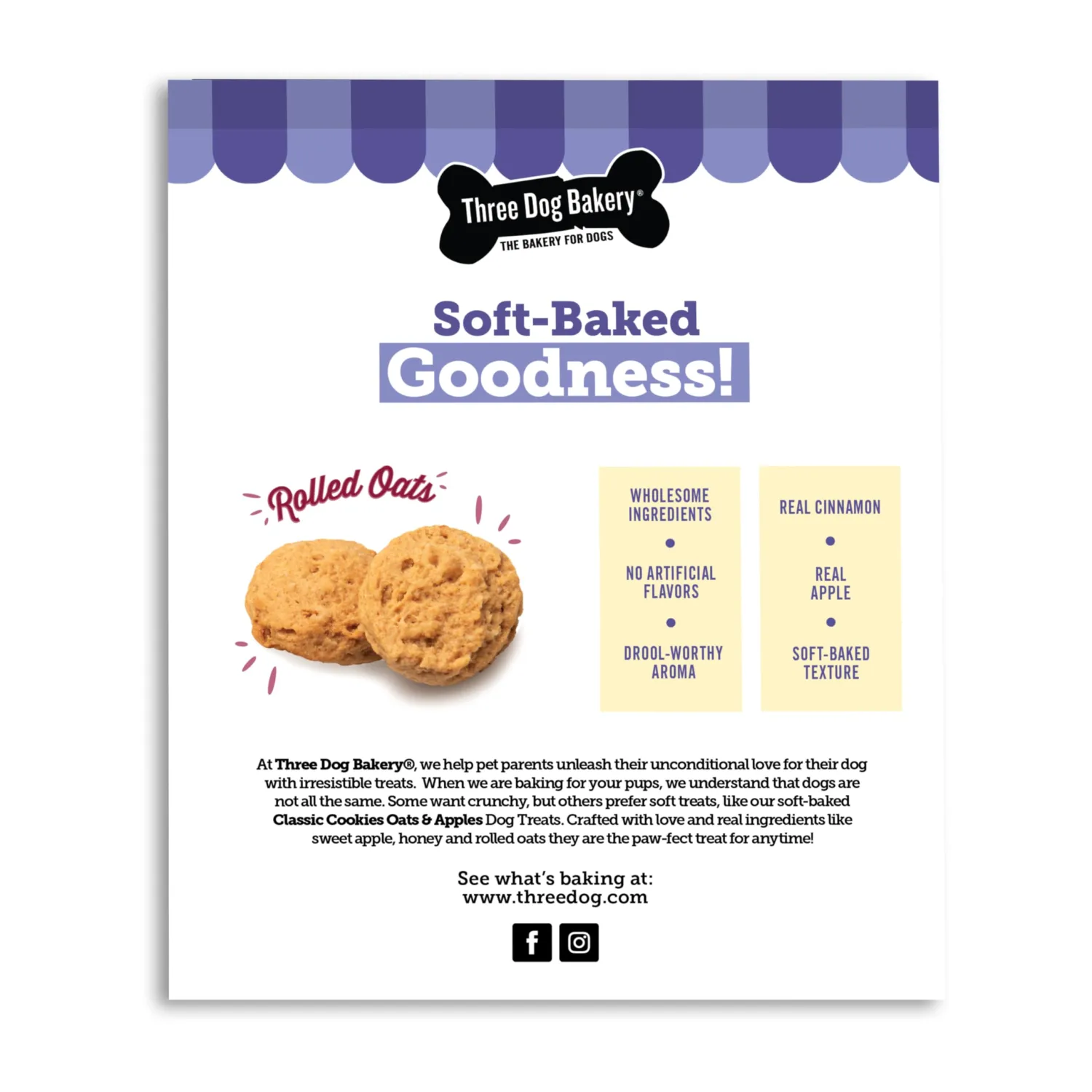 Three Dog Bakery Dog Treats Cookies with Oats & Apples - Soft Chewy Dog Treats, Dog Training Treats, Chewy Training Aids for Dogs Inspired By Classic Breakfasts