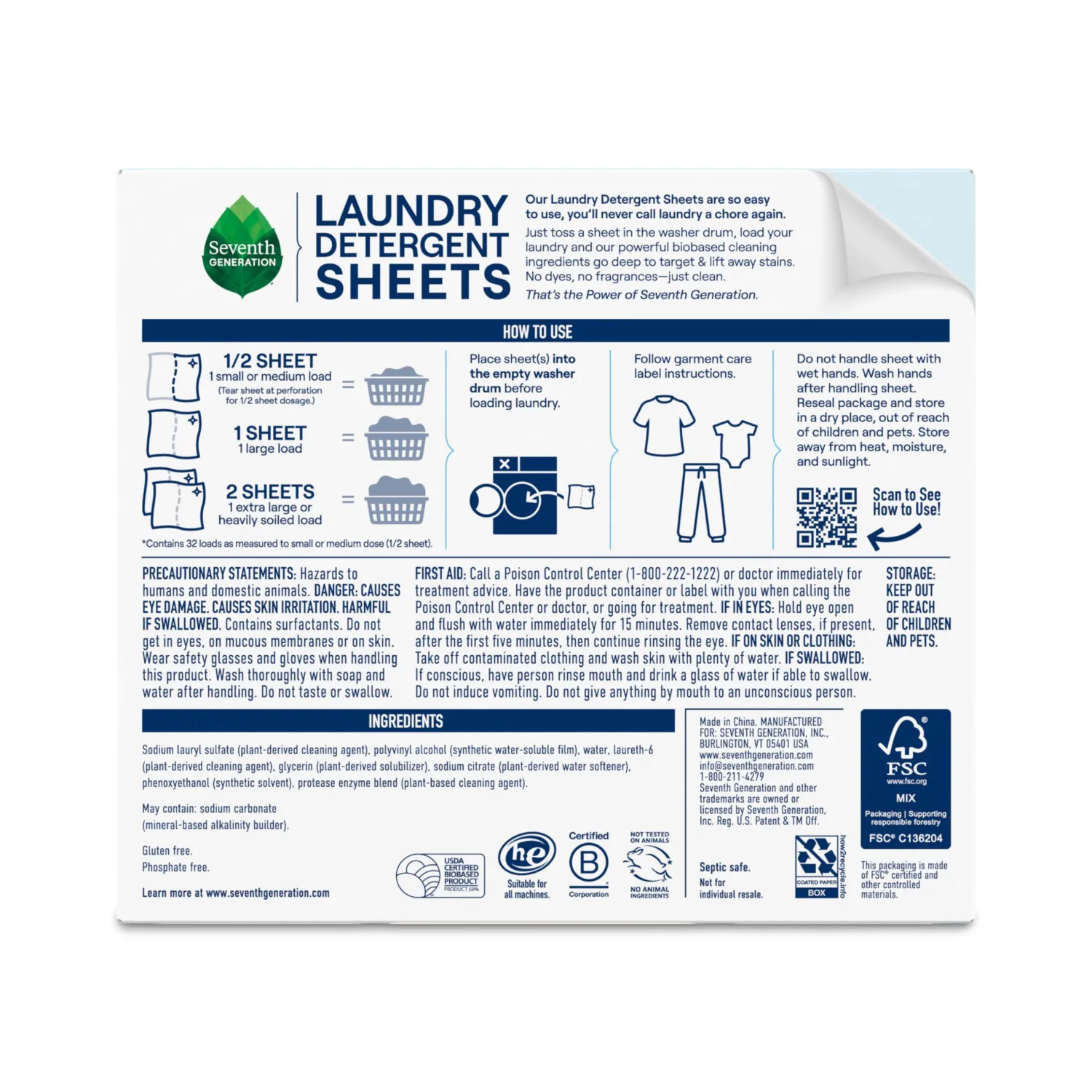 Seventh Generation Laundry Detergent Sheets, Up to 64 Loads, Free & Clear, Made for Sensitive Skin, Safer for your Family