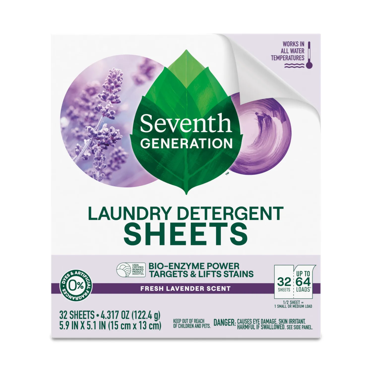 Seventh Generation Laundry Detergent Sheets, Up to 64 Loads, Fresh Lavender Scent, Removes Tough Stains, 0% Dyes and Artificial Fragrances, Safer for your family