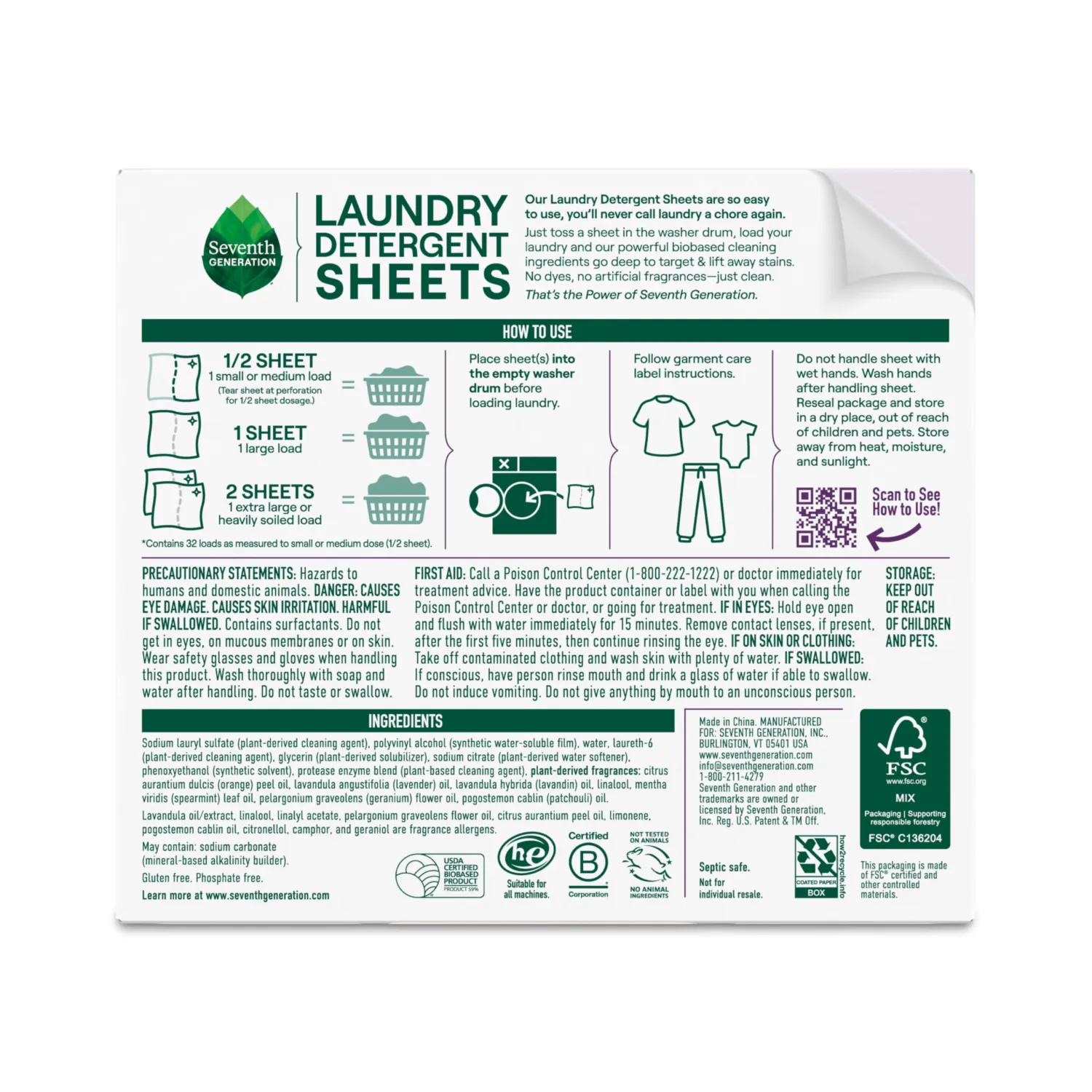 Seventh Generation Laundry Detergent Sheets, Up to 64 Loads, Fresh Lavender Scent, Removes Tough Stains, 0% Dyes and Artificial Fragrances, Safer for your family