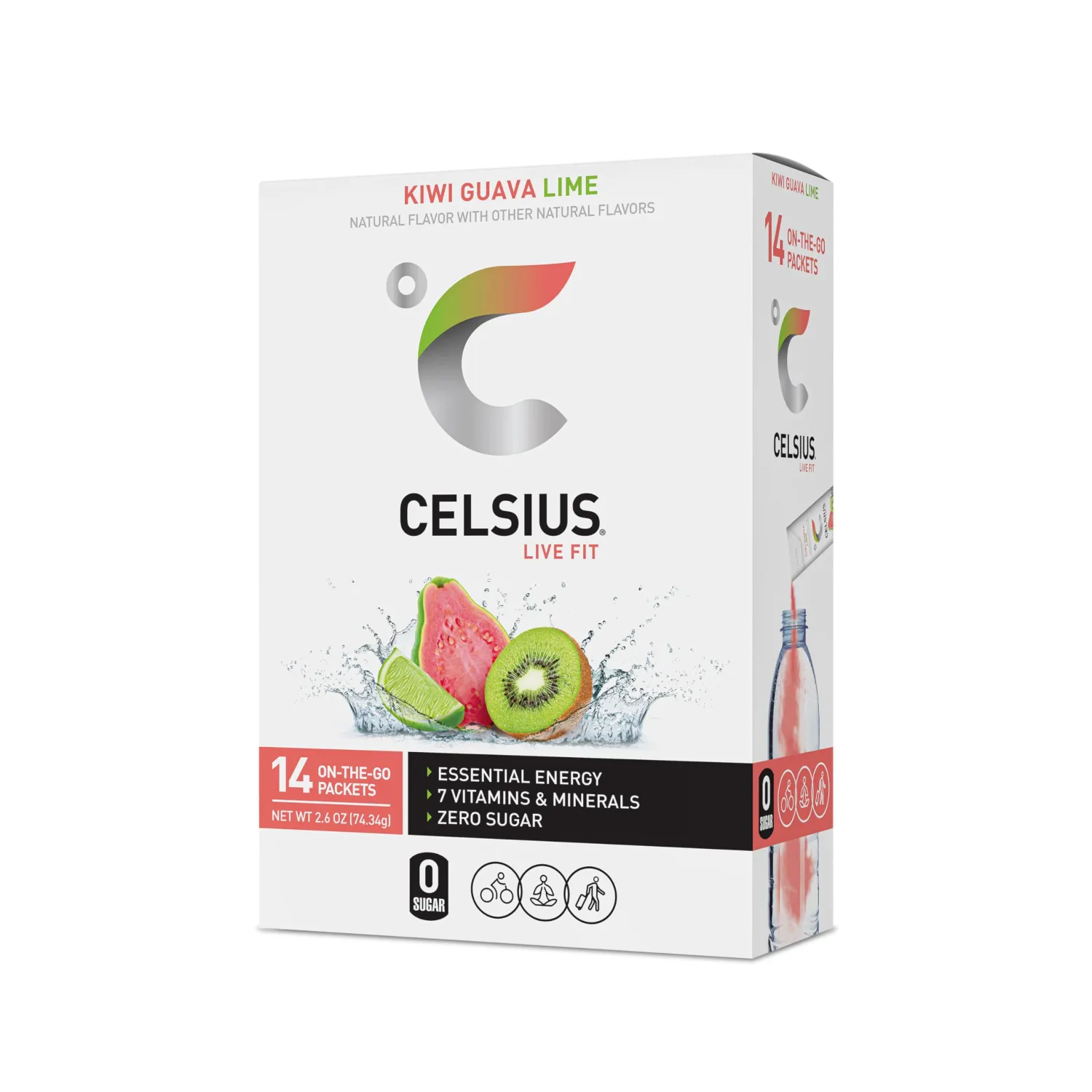 CELSIUS® On-the-Go Powder Sticks Kiwi Guava Lime, Essential Energy 2.6 Oz (14 Sticks per Pack)