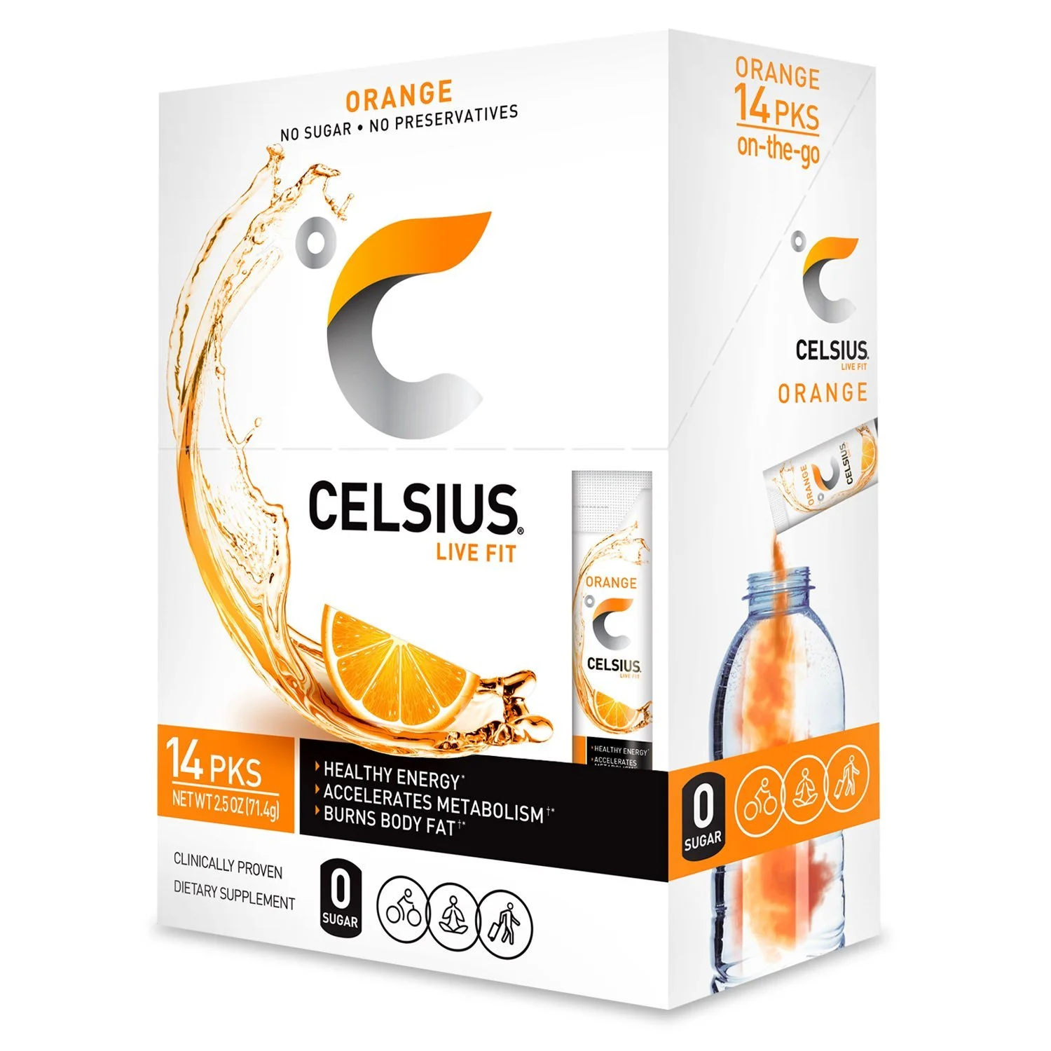 CELSIUS Orange On-the-Go Powder Stick Packs, Pack of 14