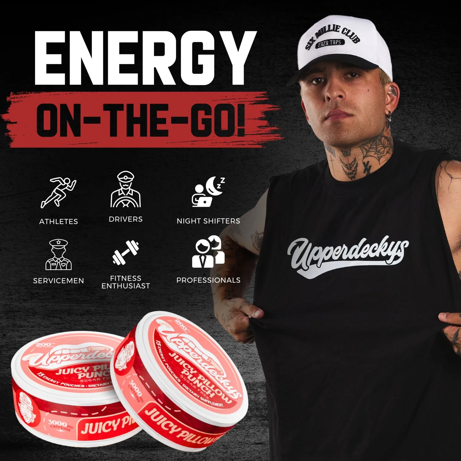 Upperdeckys, Multi-Pack Caffeine Energy Pouches - 4 Flavors, Sugar Free Nootropic Pouches and Delicious Flavor - Replacement/Alternative for Focus and Energy, Made in USA (4-Pack, 200mg)