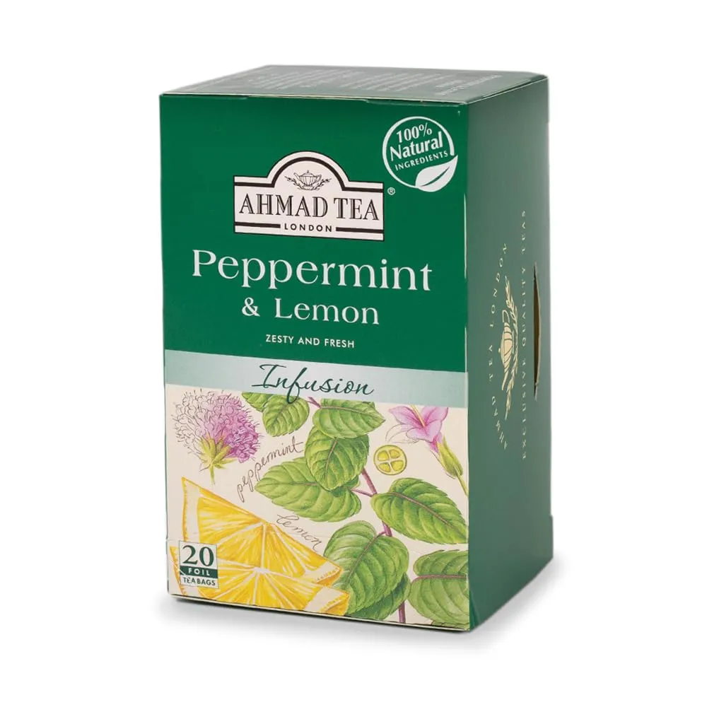 Ahmad Tea Herbal Tea, Peppermint & Lemon Teabags, 20 ct (Pack of 1) - Decaffeinated & Sugar-Free