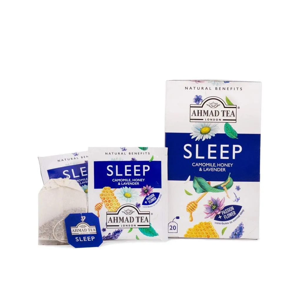 Ahmad Tea Herbal Tea, Camomile, Honey, & Lavender 'Sleep' Natural Benefits Teabags, 20 ct (Pack of 1) - Decaffeinated & Sugar-Free