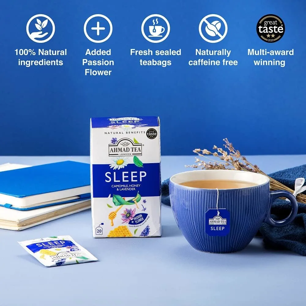 Ahmad Tea Herbal Tea, Camomile, Honey, & Lavender 'Sleep' Natural Benefits Teabags, 20 ct (Pack of 1) - Decaffeinated & Sugar-Free