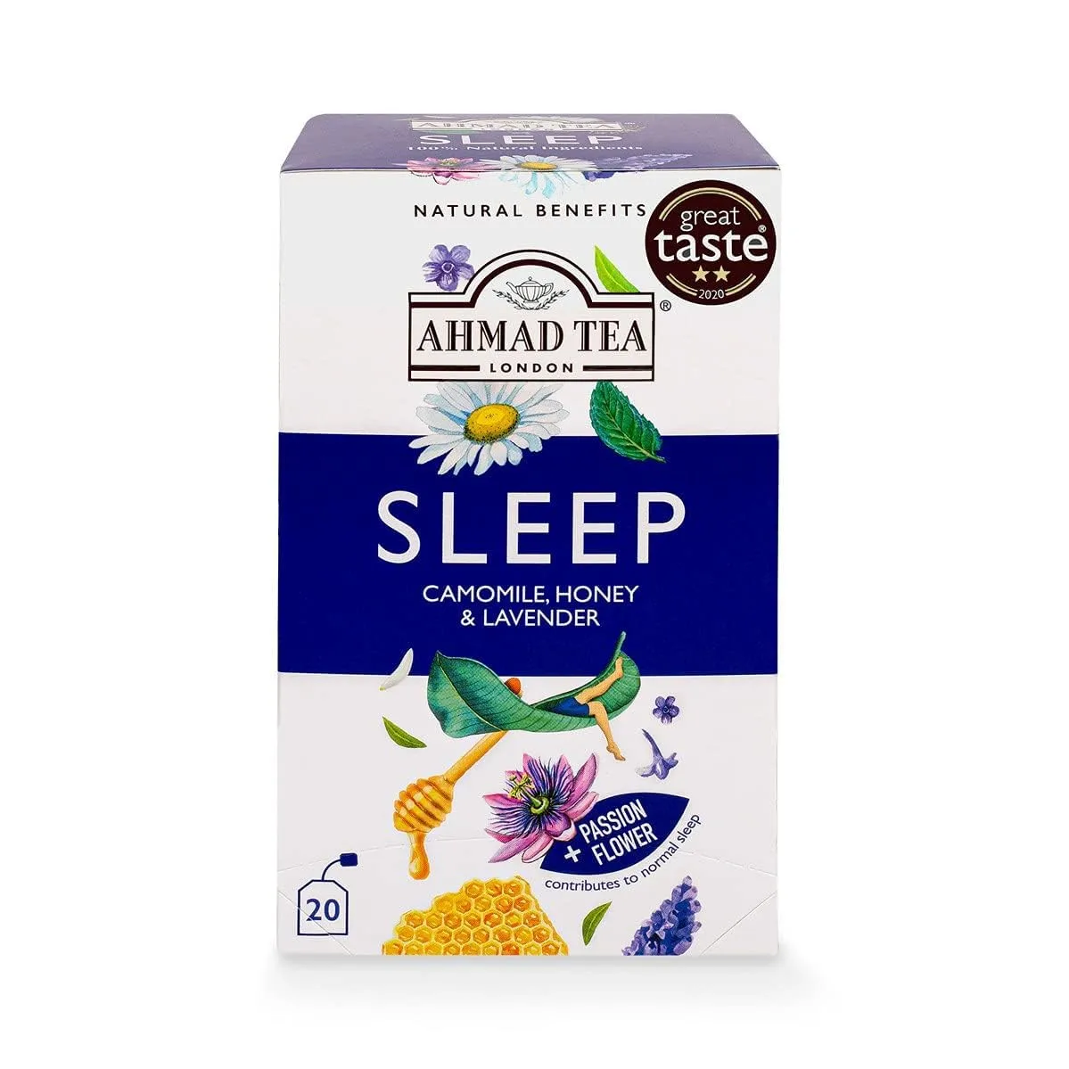 Ahmad Tea Herbal Tea, Camomile, Honey, & Lavender 'Sleep' Natural Benefits Teabags, 20 ct (Pack of 1) - Decaffeinated & Sugar-Free