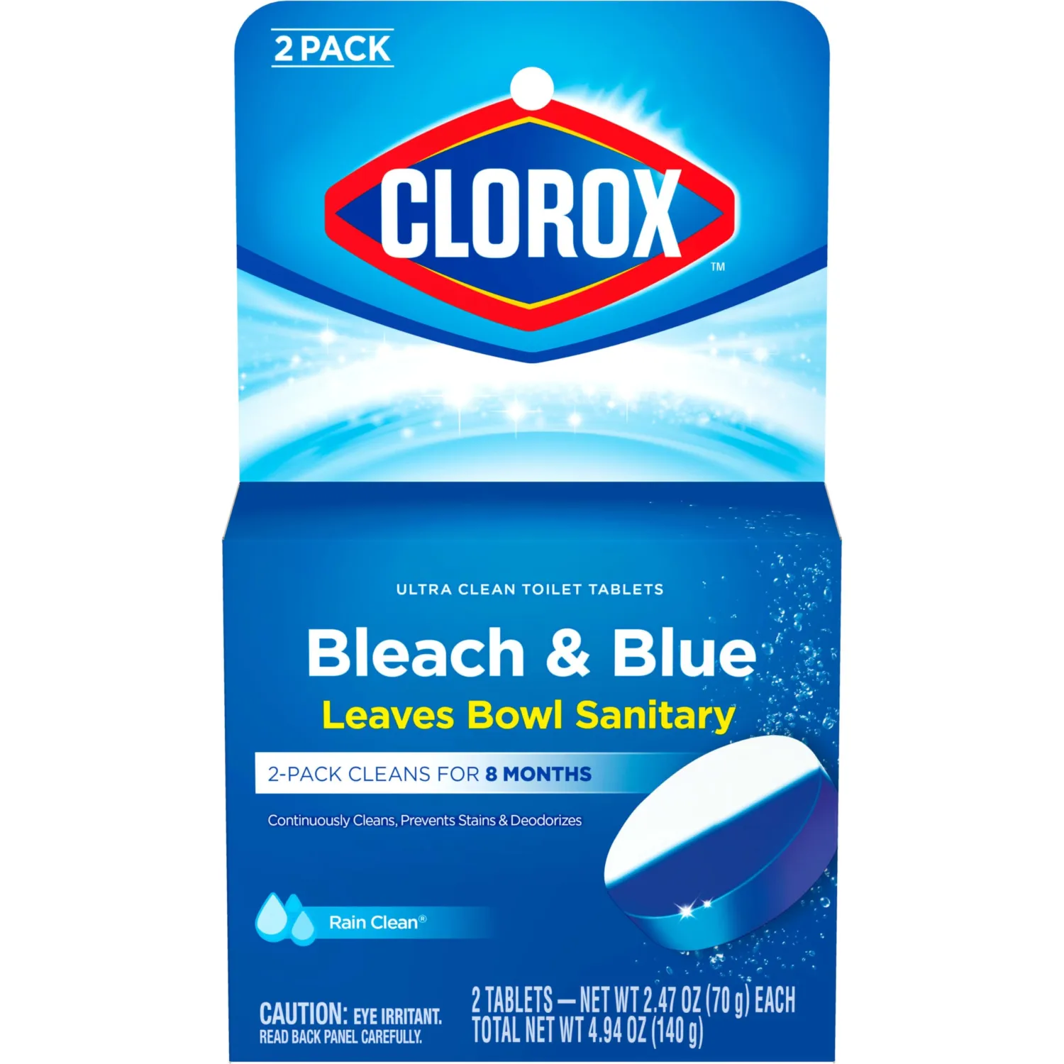Clorox Ultra Clean Toilet Tablets Bleach & Blue, Rain Clean Scent 2.47 Ounces Each, 2 Count (Package May Vary)