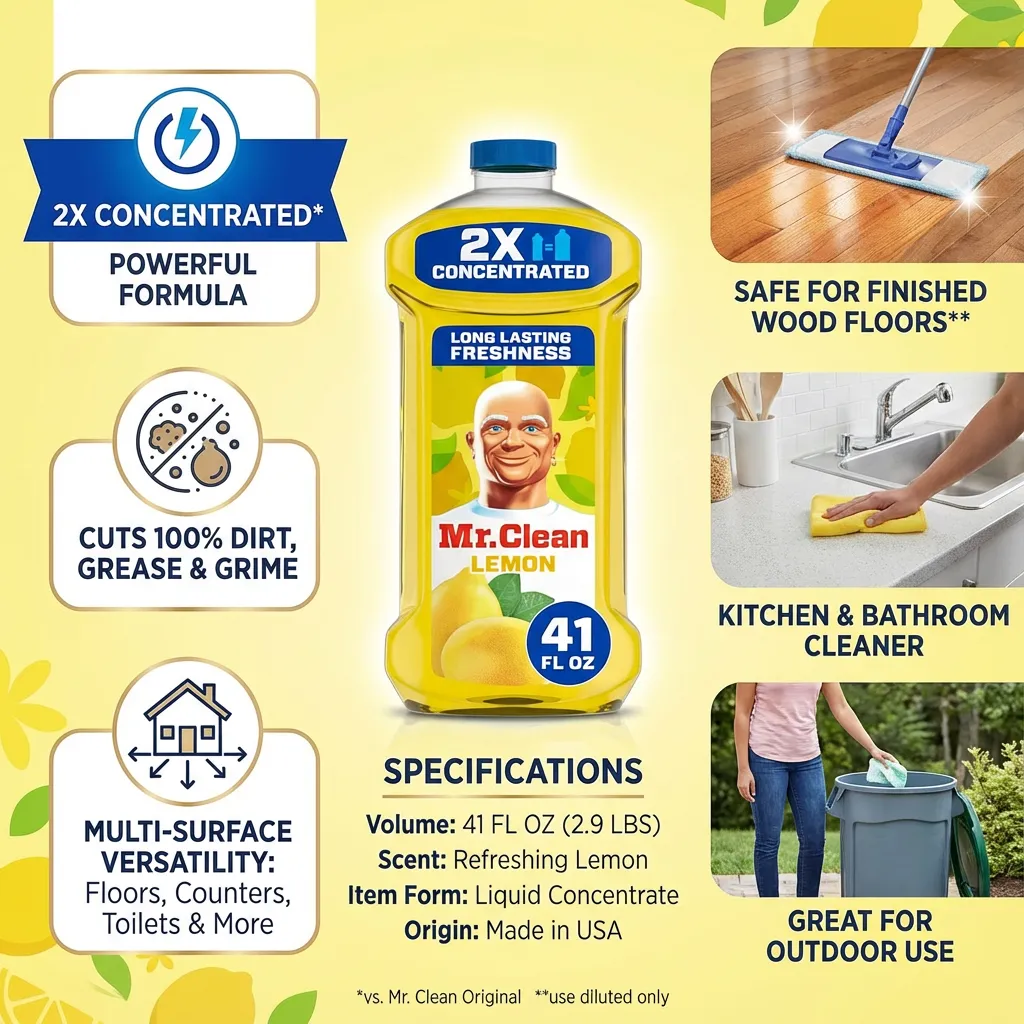 Mr. Clean All Purpose Cleaner, Floor Cleaner for Mopping Home, Bathroom, & Kitchen, Cleaning Liquid for Mop & Bucket, Cleaning Supplies, Multi-Surface Dilutable, Lemon, 41oz