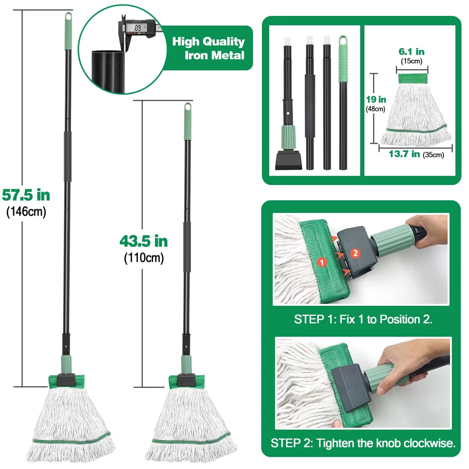 Heavy Duty Mop for Floor Cleaning, Industrial Commercial Mop with 57.5 Inches Long Handle,Looped-End String Wet Cotton Mops for Garage, Warehouse, Workshop