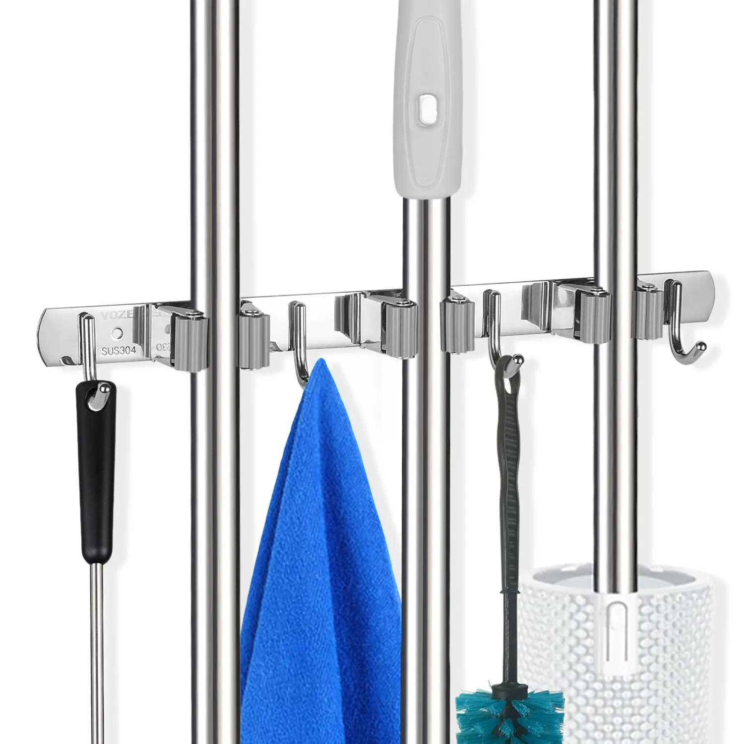 voze 3 Racks and 4 Hooks Mop and Broom Holder Wall Mount, Self Adhesive Heavy Duty Broom Organizer Storage Tool Racks for Kitchen Garden Laundry Garage