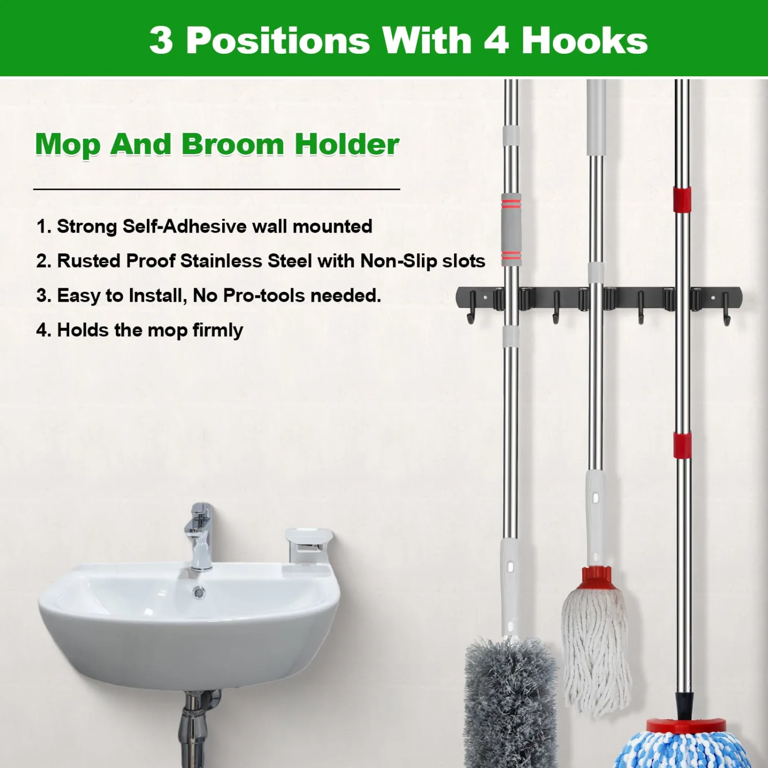 voze 3 Racks and 4 Hooks Mop and Broom Holder Wall Mount, Self Adhesive Heavy Duty Broom Organizer Storage Tool Racks for Kitchen Garden Laundry Garage