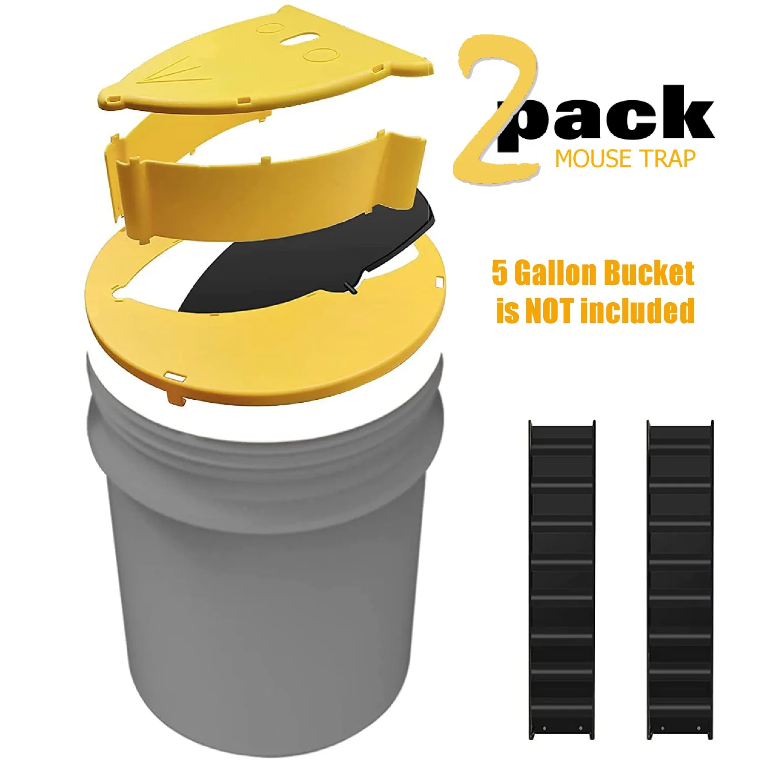 Pack 2 Bucket Lid Mouse Rat Trap, Mouse Catching Tool, Trap Door Style, Multi Catch, Auto Reset, Indoor Outdoor, 5 Gallon Bucket Compatible (Lemon)