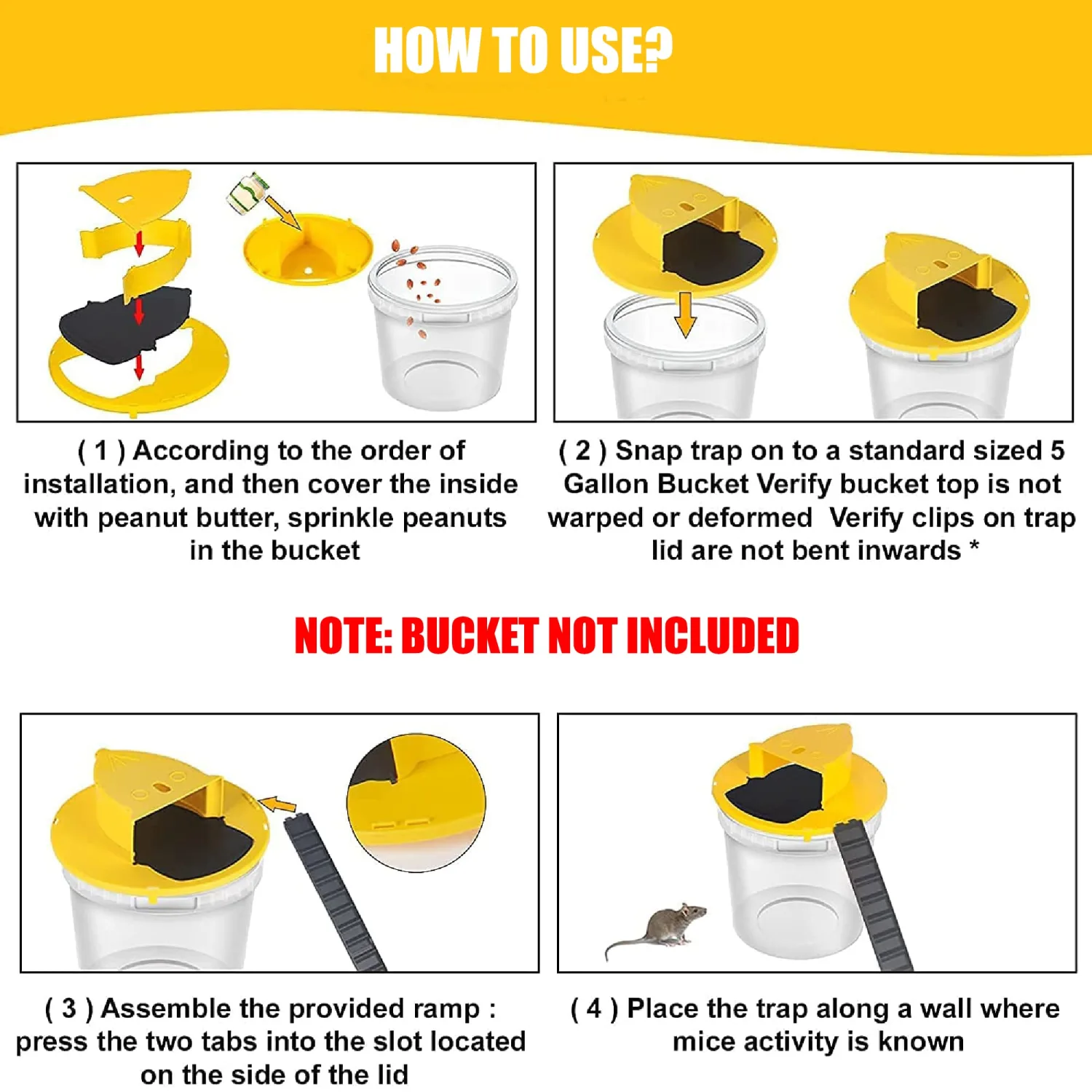 Pack 2 Bucket Lid Mouse Rat Trap, Mouse Catching Tool, Trap Door Style, Multi Catch, Auto Reset, Indoor Outdoor, 5 Gallon Bucket Compatible (Lemon)