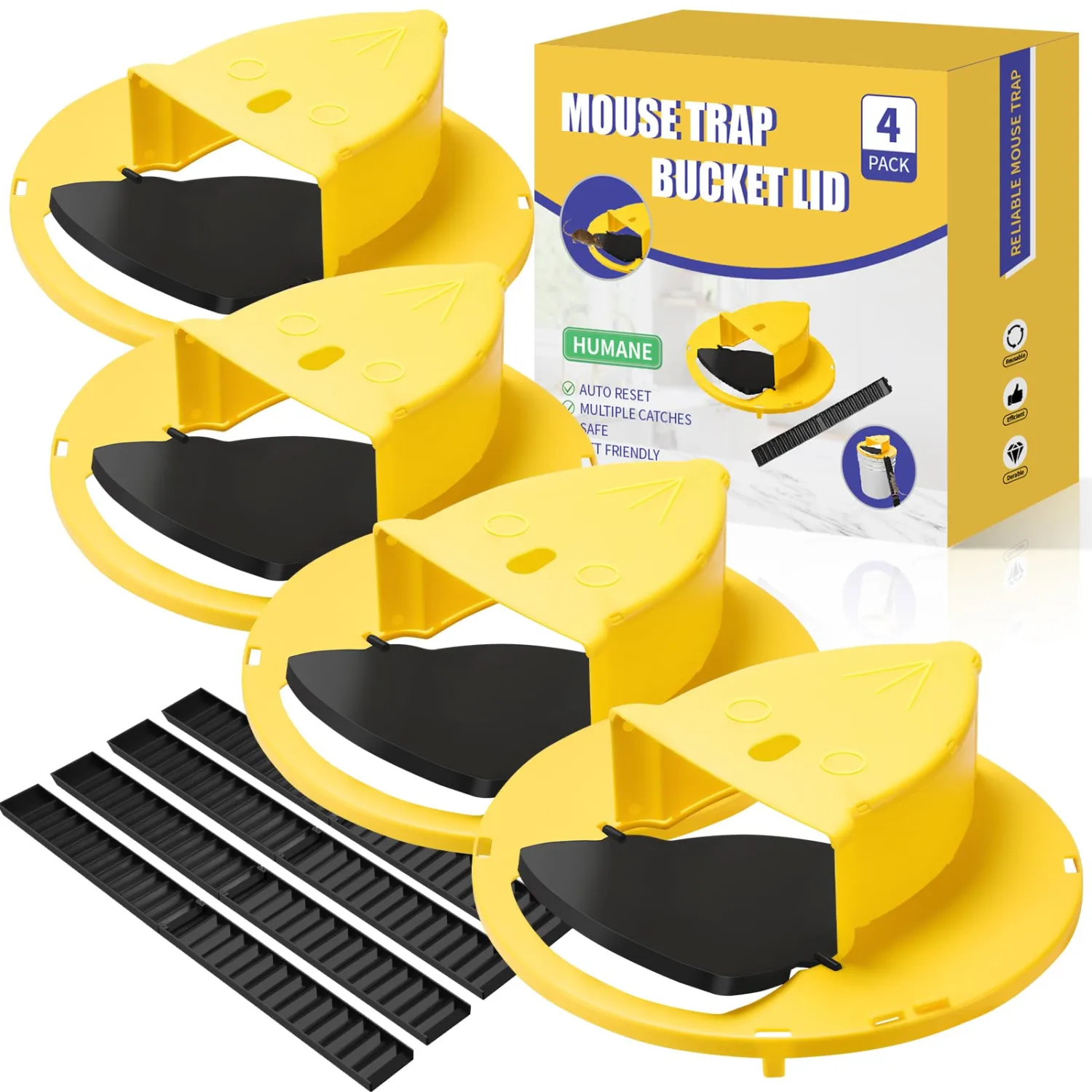 Mouse Traps Bucket Lid, 4 Pack Mouse Trap Bucket Lid for 5 Gallon Bucket, Multi-Catch, Auto Reset, Reusable Rat Trap Lid for Indoor Outdoor Chicken Coop Barn Garage