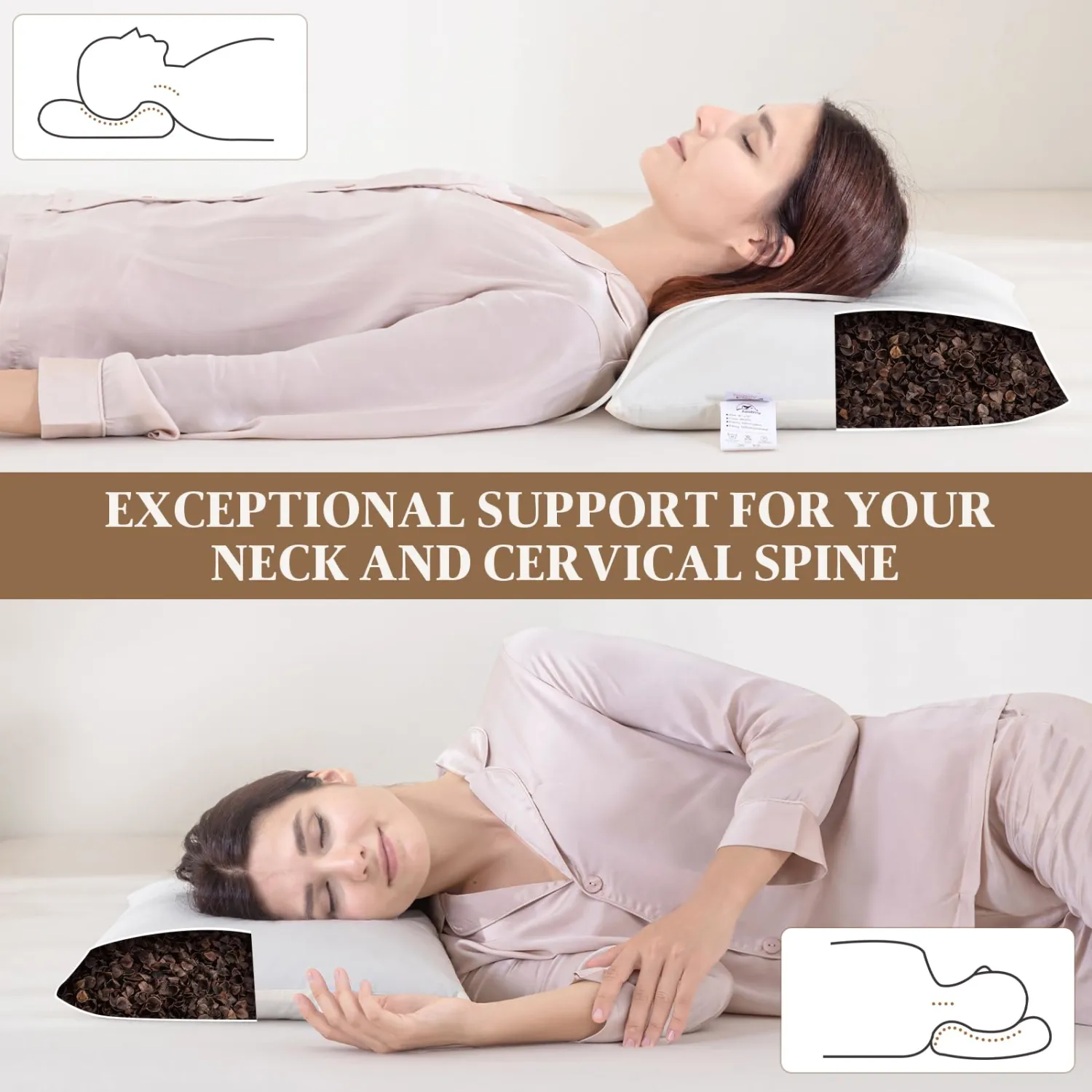 Buckwheat Pillow - Adjustable Buckwheat Pillow for Sleeping with Organic Cotton Cover for Adult Neck Pain Relief, Neck & Cervical Support for Side Back Stomach Sleeper 14"x20"