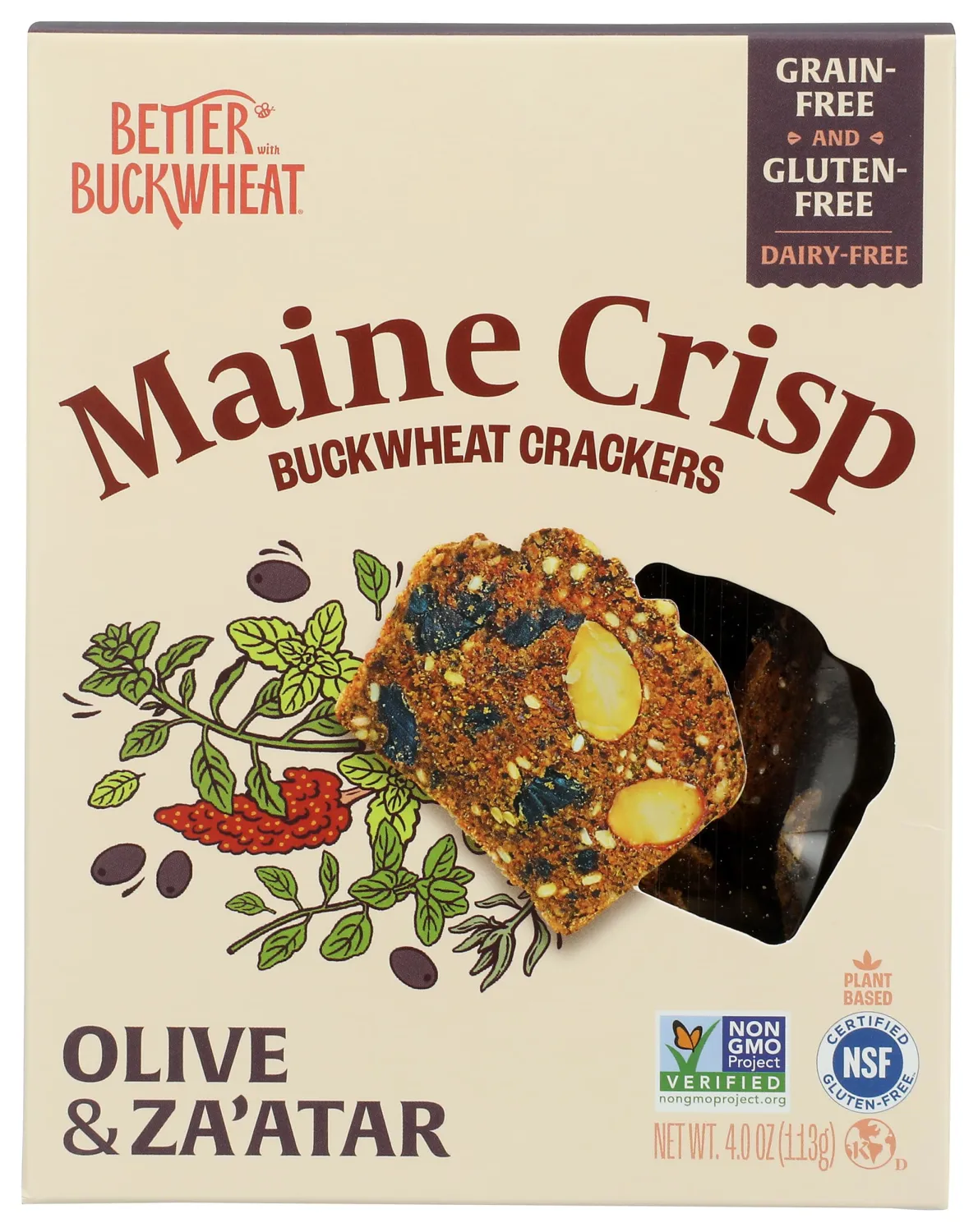 Maine Crisp Olive & Za'atar Crisps, 4 Pack, Gluten Free Crackers - Grain Free, Non-Gmo - Sweet & Savory Flavor, for Cheese board, Salad topping & Jams