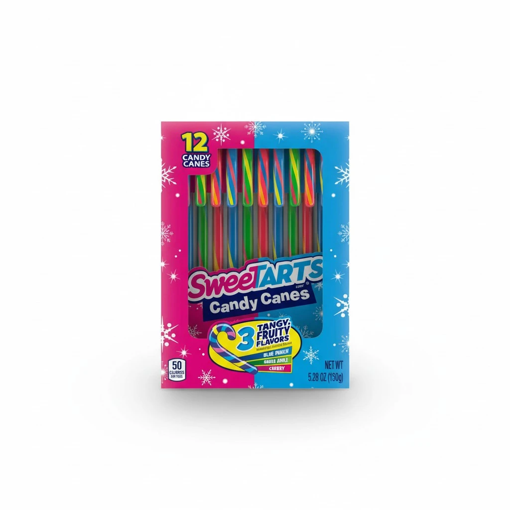 SweeTarts Holiday Candy Canes, 12ct Box - Individually Wrapped Holiday Classic, Perfect for Stocking Stuffers, Holiday Gifting and Decorating