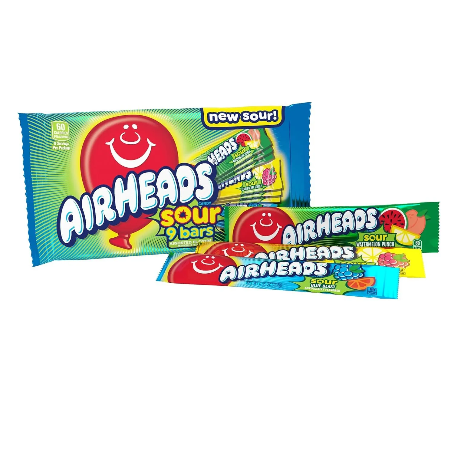 Airheads Sour Full-Sized Halloween Trick or Treat Taffy Candy Bars, Watermelon Punch, Blue Blast & Lemon Berry Squeeze, Individually Wrapped Halloween Candy for Adults & Kids, 9 Count Bag