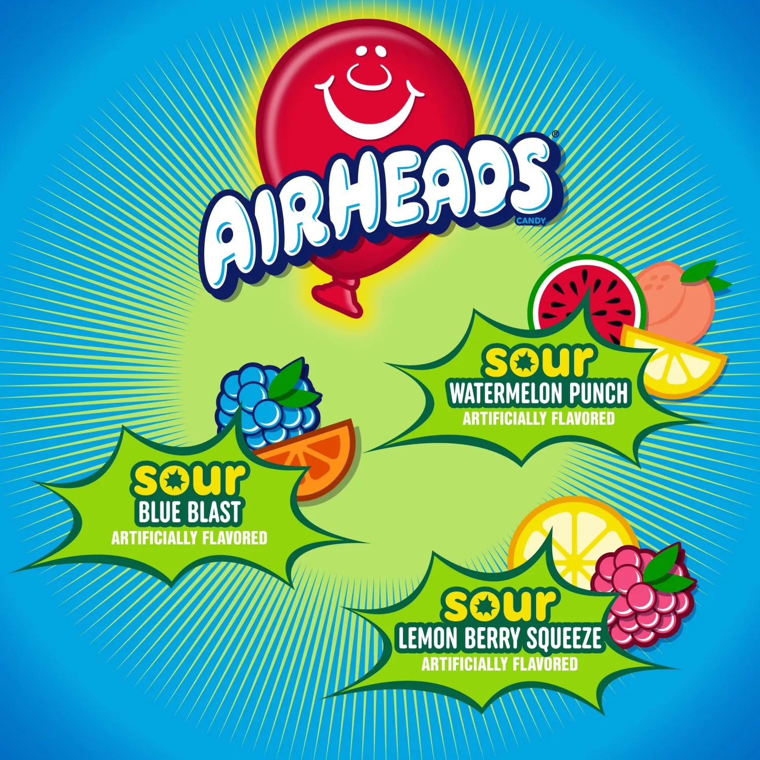 Airheads Sour Full-Sized Halloween Trick or Treat Taffy Candy Bars, Watermelon Punch, Blue Blast & Lemon Berry Squeeze, Individually Wrapped Halloween Candy for Adults & Kids, 9 Count Bag